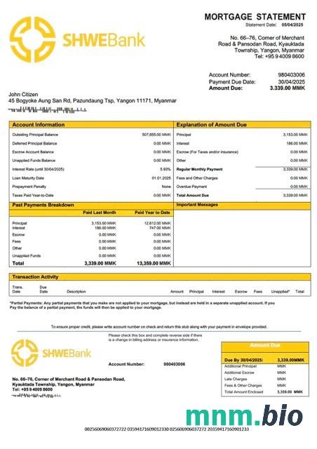 Myanmar Shwe Bank wyciąg z kredytu hipotecznego szablon Word i PDF